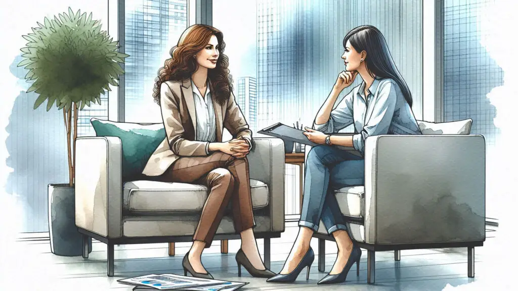 career conversation between two women in an office